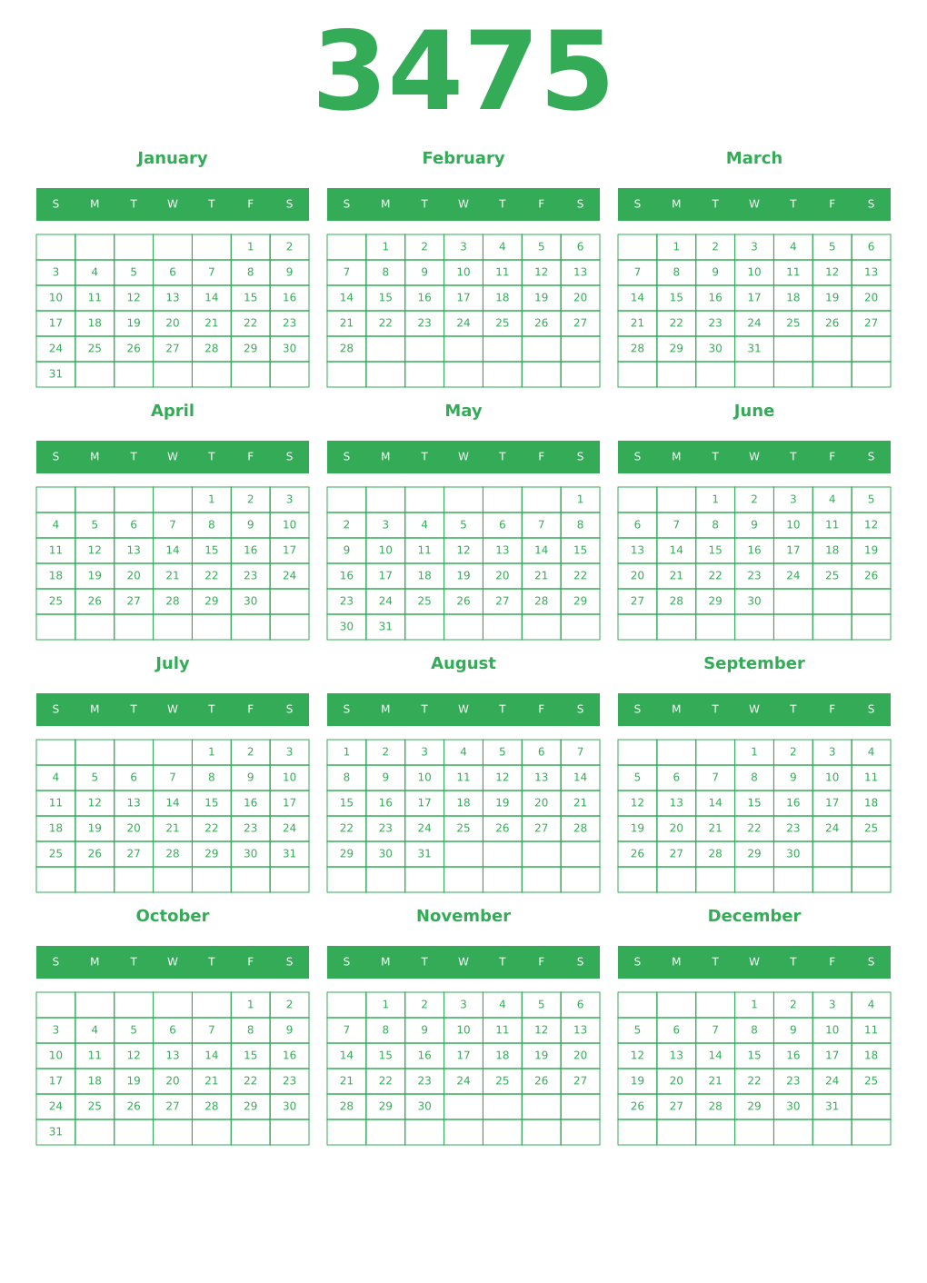 Printable 3475 Year Calendars green