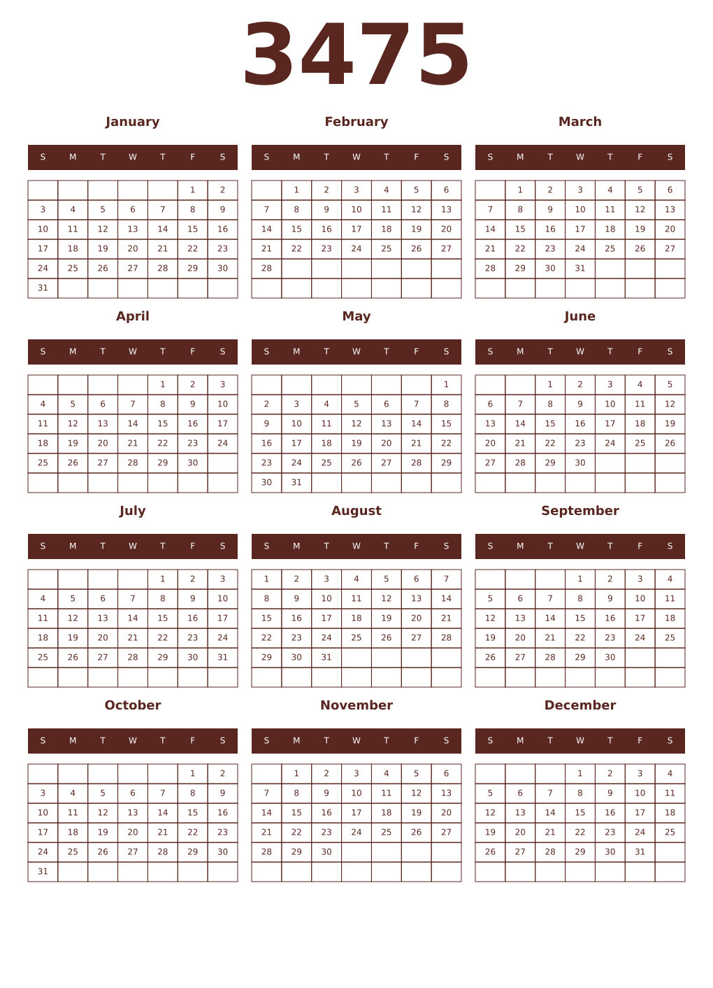 Printable 3475 Year Calendars mortuum