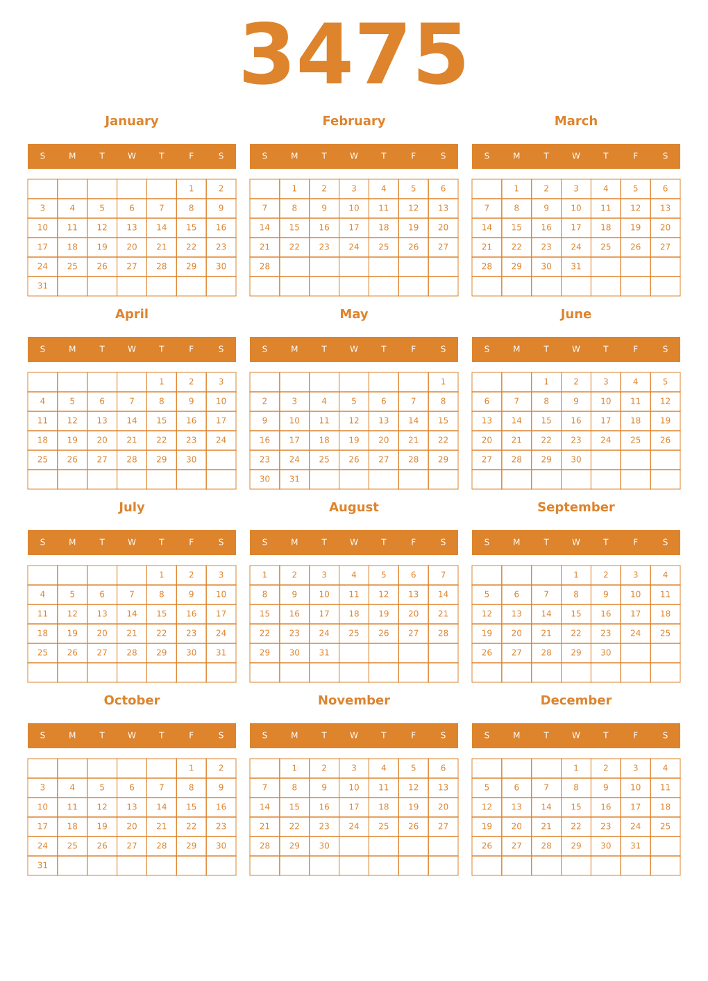 Printable 3475 Year Calendars orange