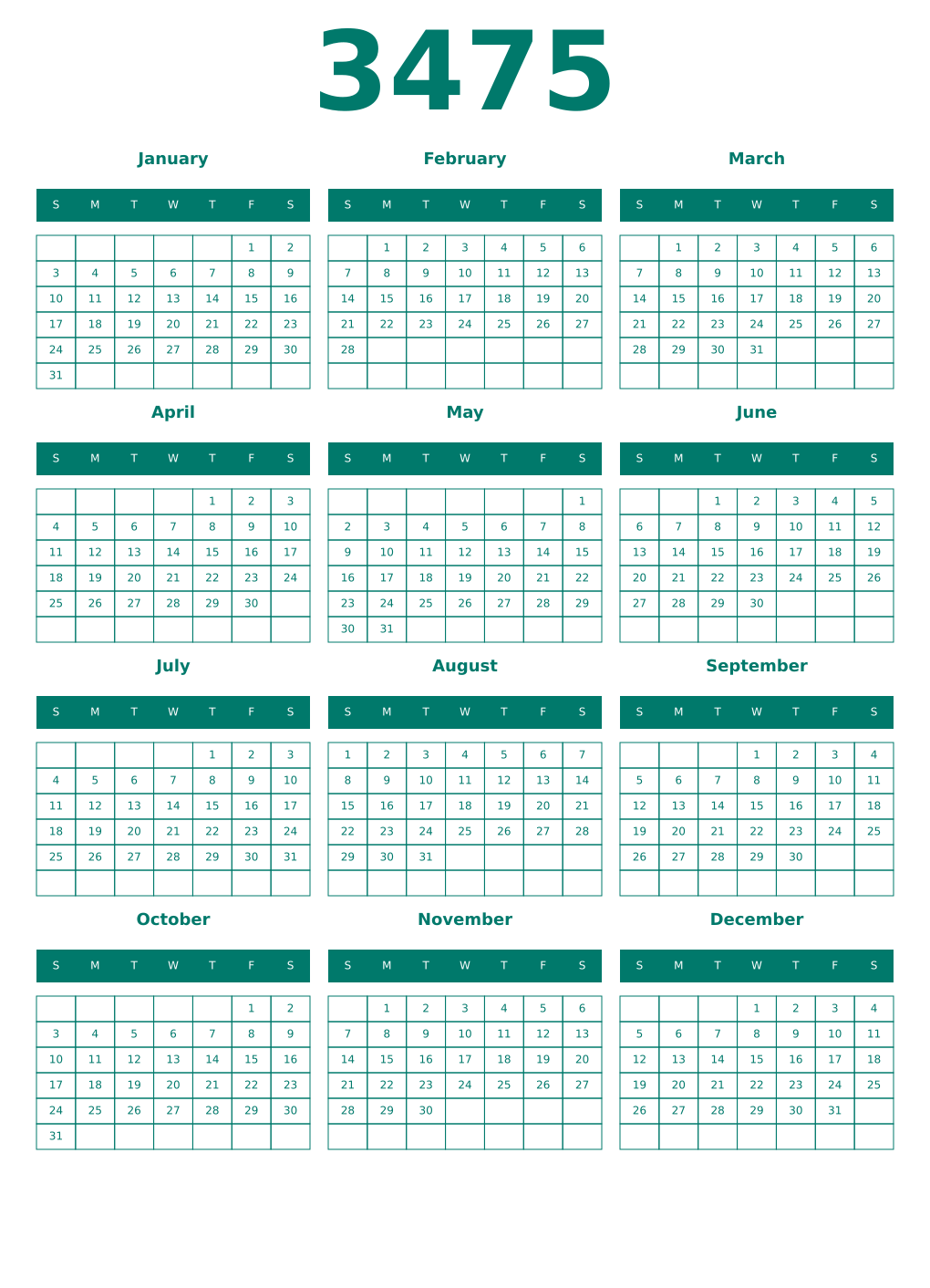 Printable 3475 Year Calendars pastel