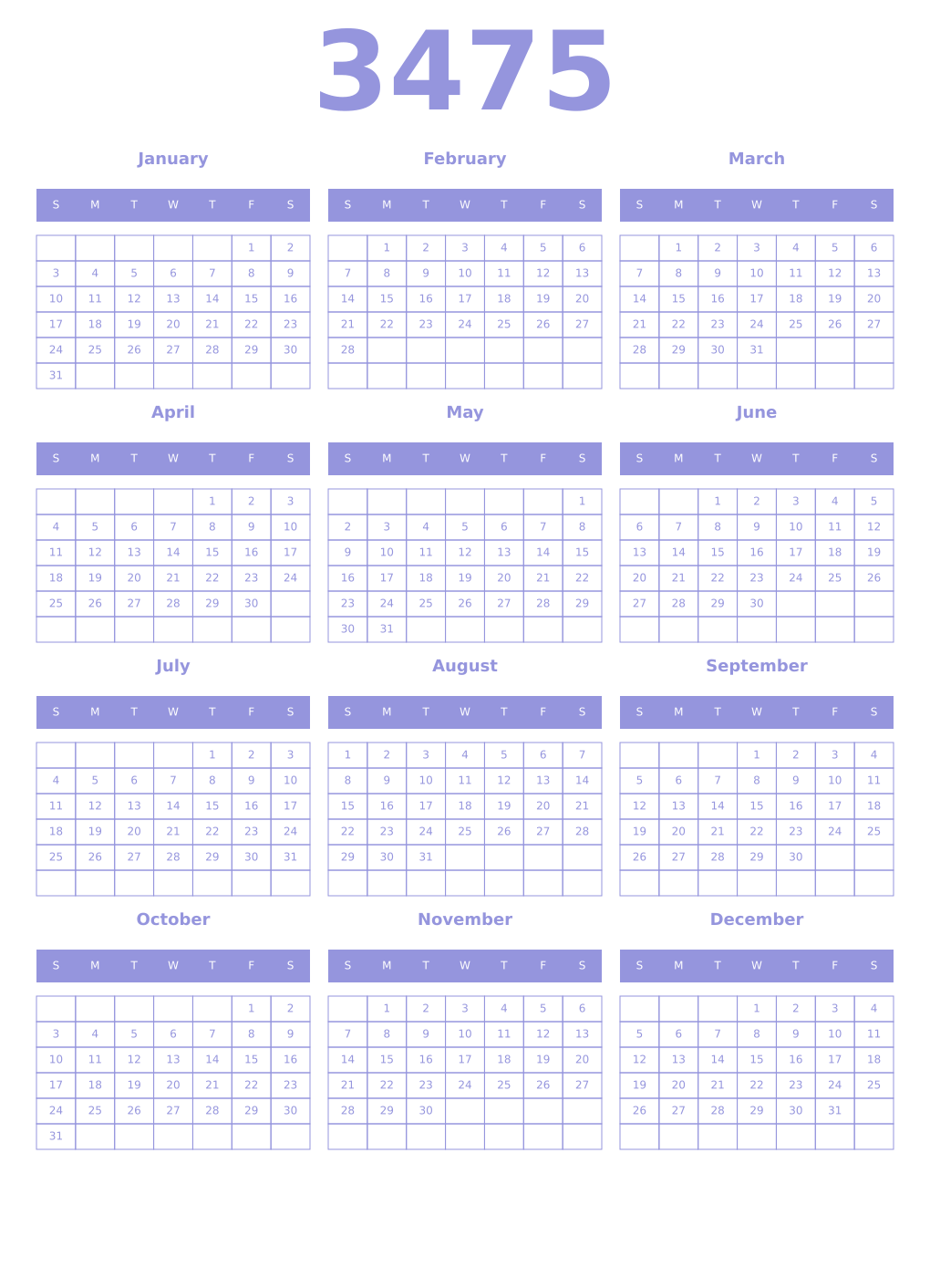 Printable 3475 Year Calendars periwinkle