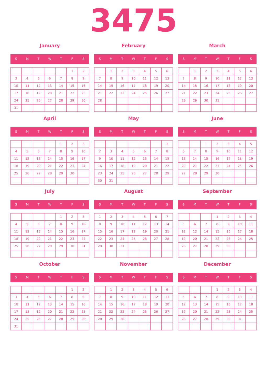 Printable 3475 Year Calendars pink