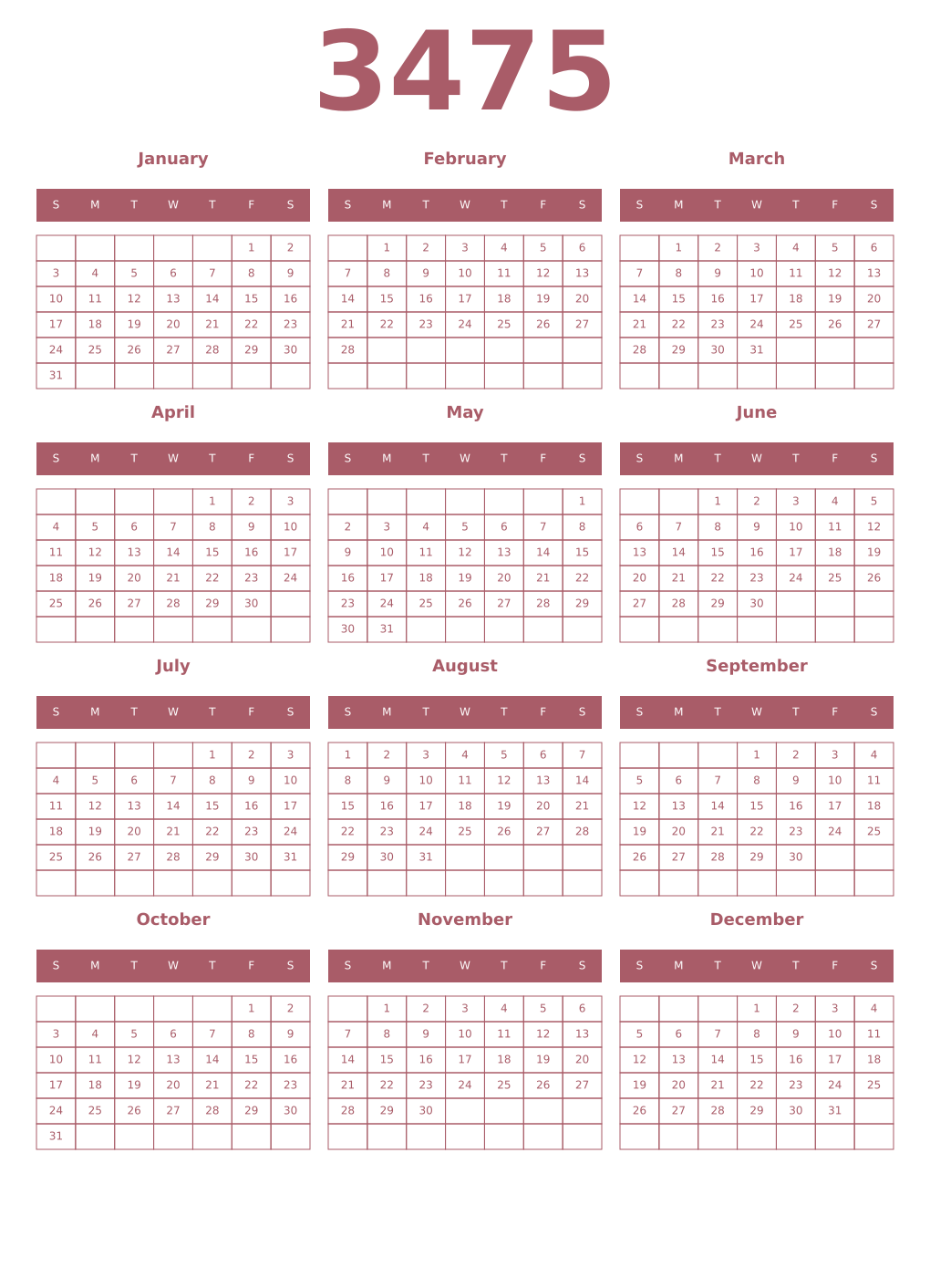 Printable 3475 Year Calendars puce