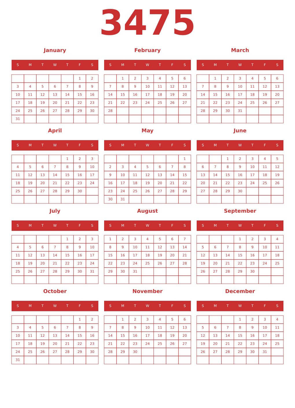 Printable 3475 Year Calendars red