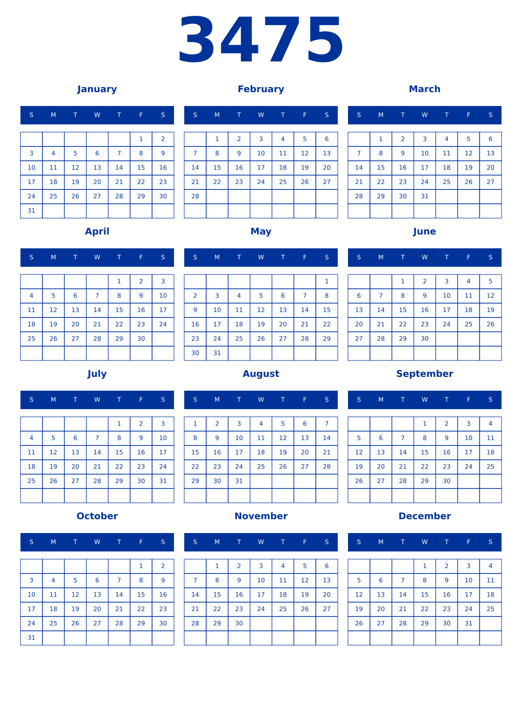Printable 3475 Year Calendars smalt