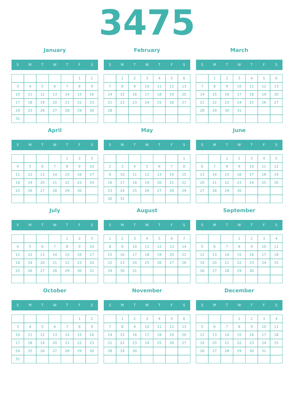 Printable 3475 Year Calendars verdigris