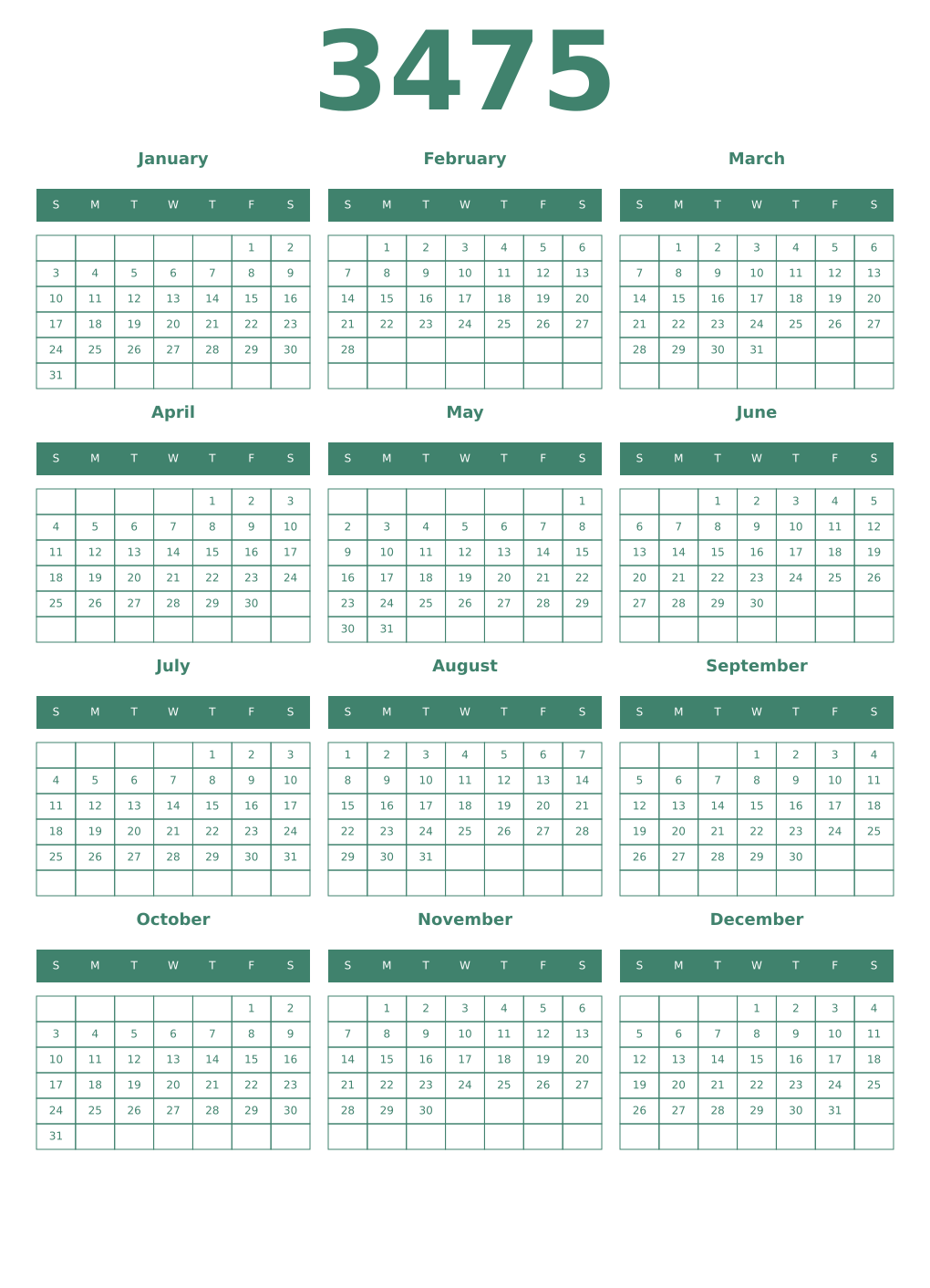 Printable 3475 Year Calendars viridian