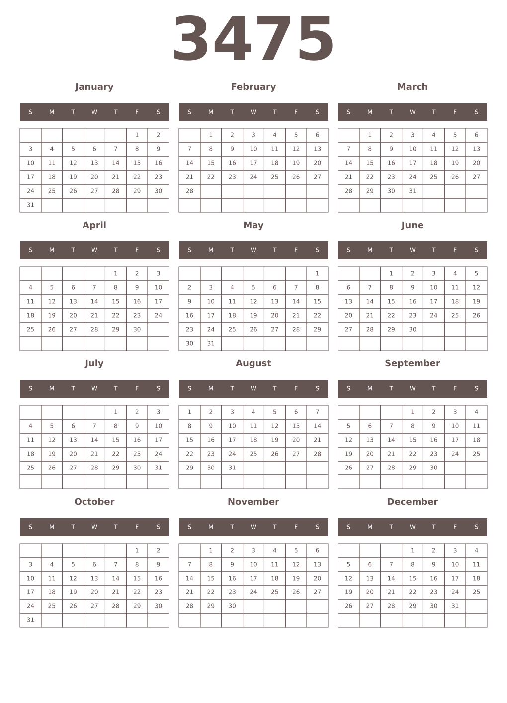 Printable 3475 Year Calendars wenge