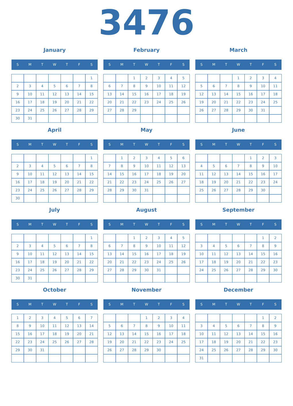 Printable 3476 Year Calendars blue