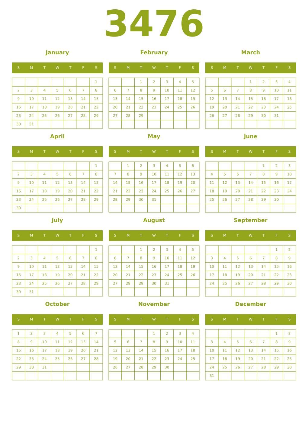 Printable 3476 Year Calendars chartreuse
