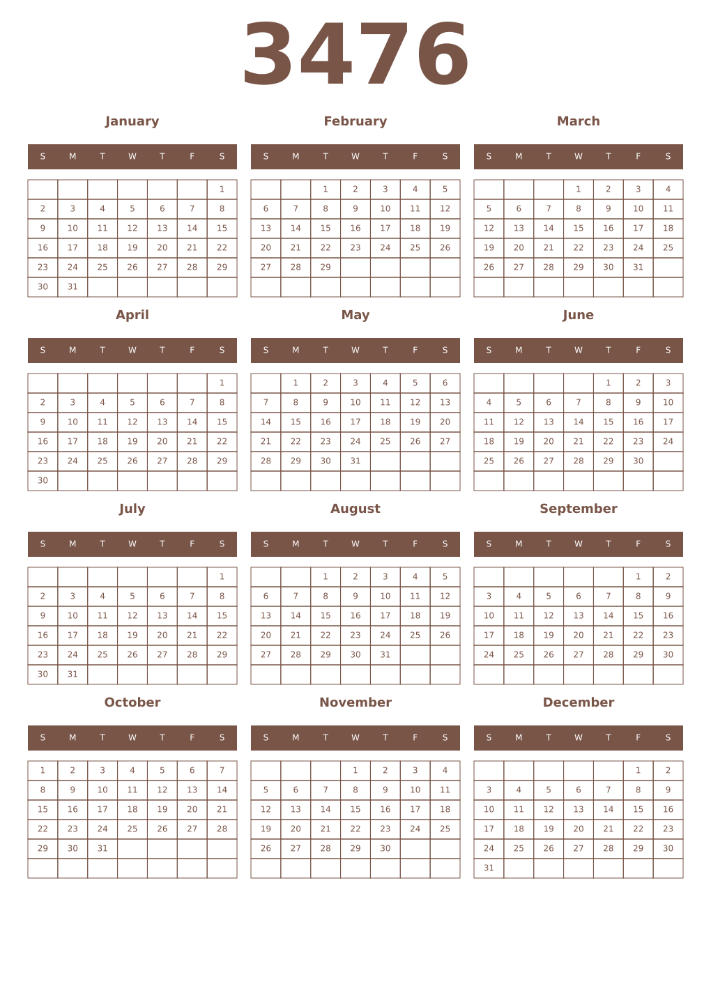 Printable 3476 Year Calendars coffe