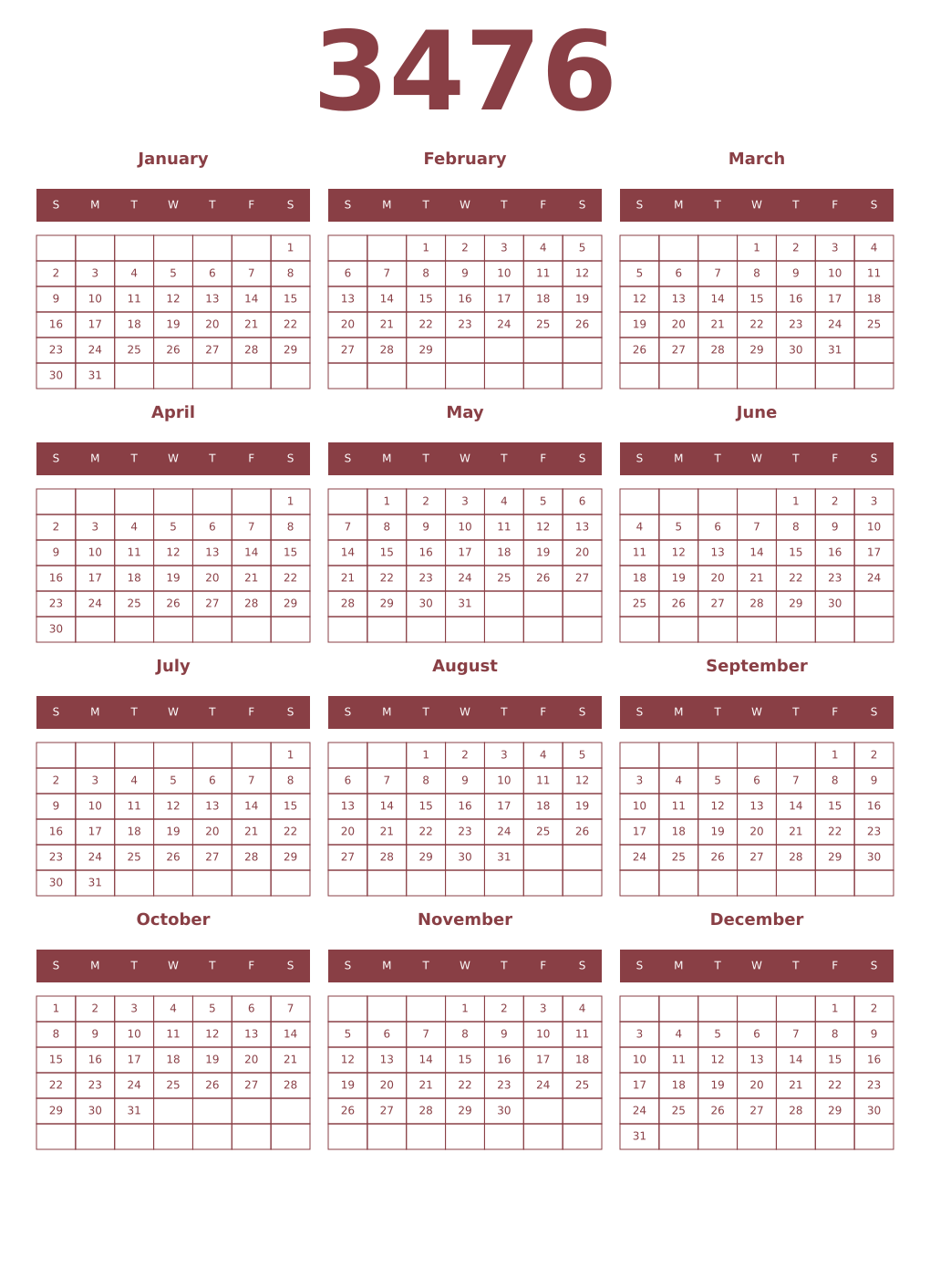 Printable 3476 Year Calendars cordovan