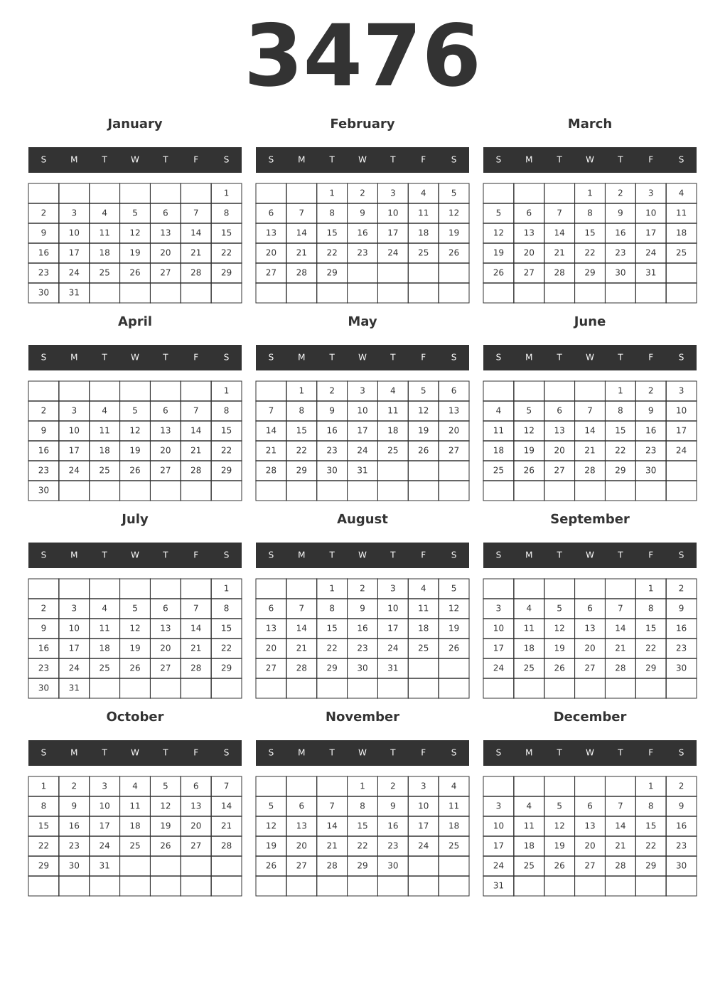 Printable 3476 Year Calendars dark