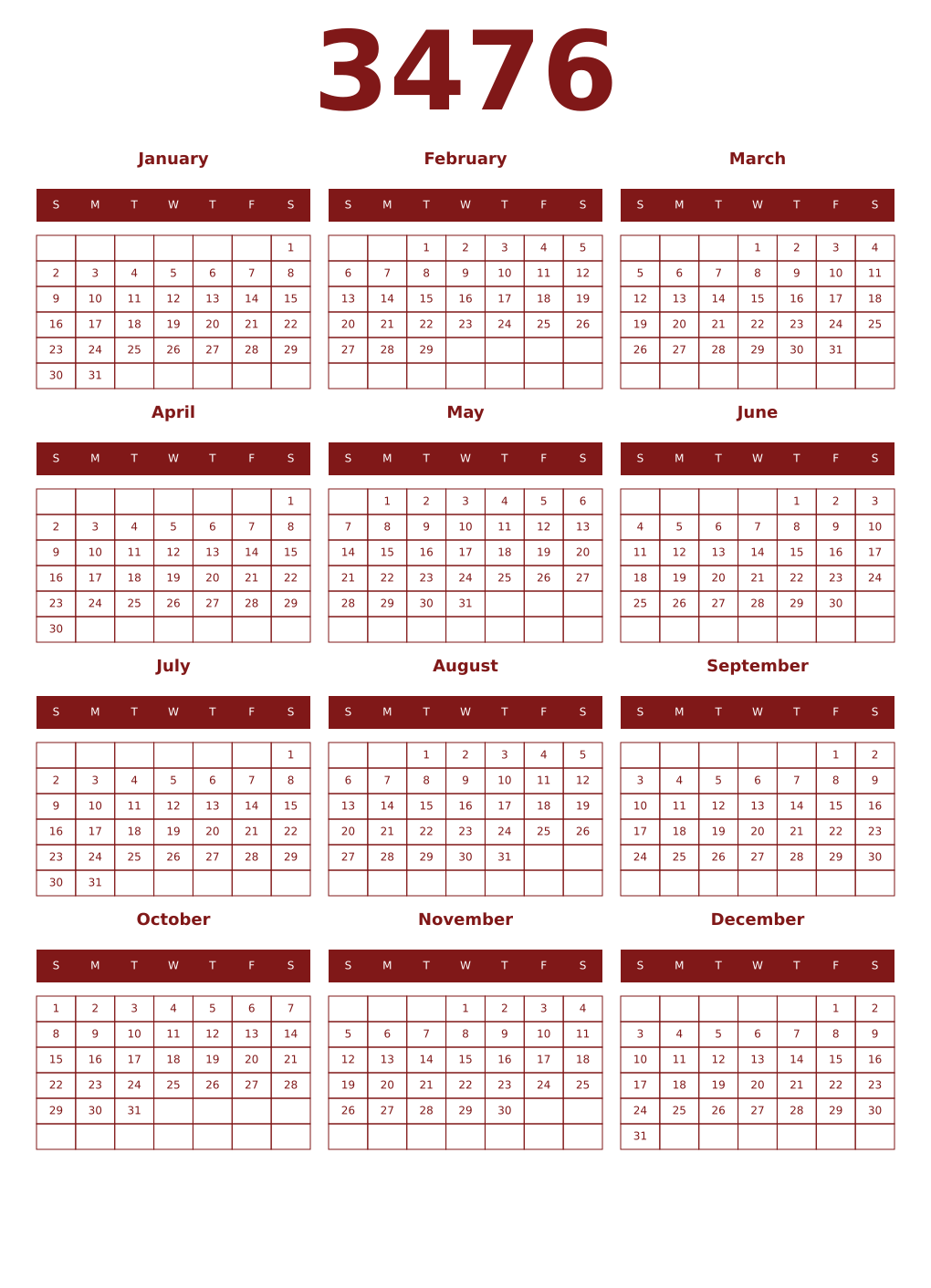 Printable 3476 Year Calendars falu