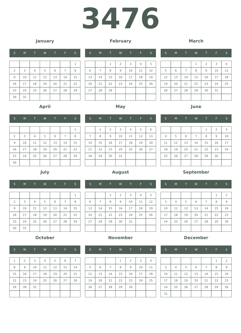 Printable 3476 Year Calendars feldgrau