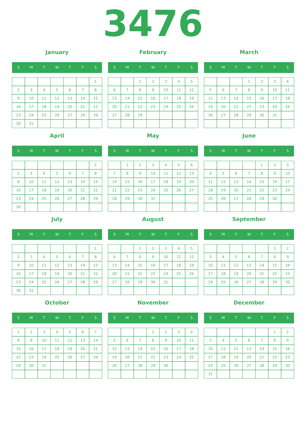 Printable 3476 Year Calendars green