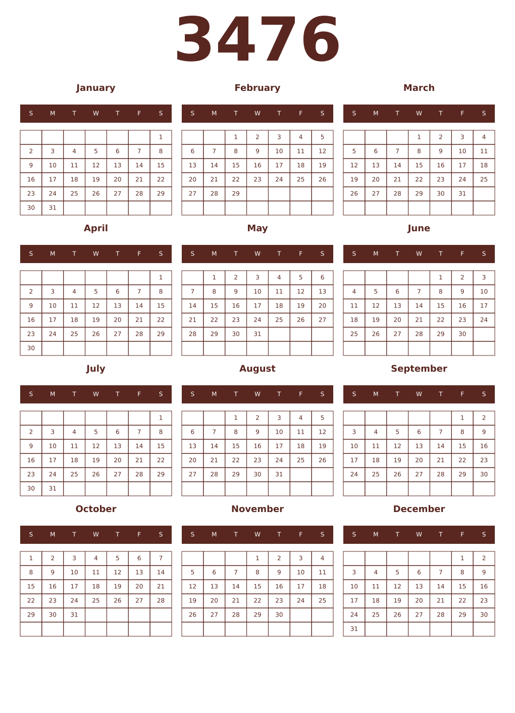 Printable 3476 Year Calendars mortuum