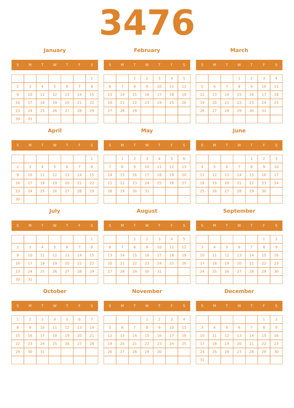 Printable 3476 Year Calendars orange