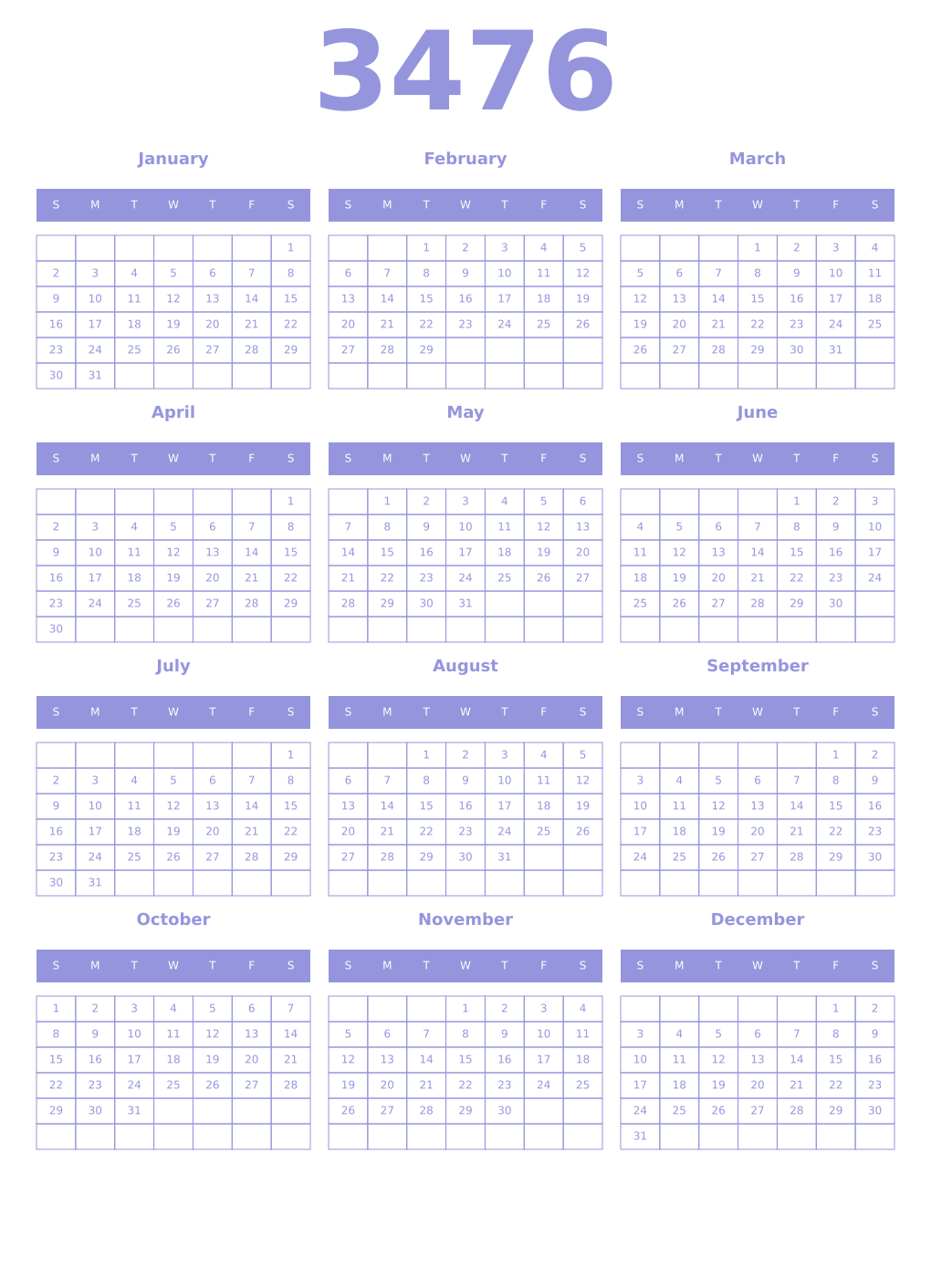 Printable 3476 Year Calendars periwinkle