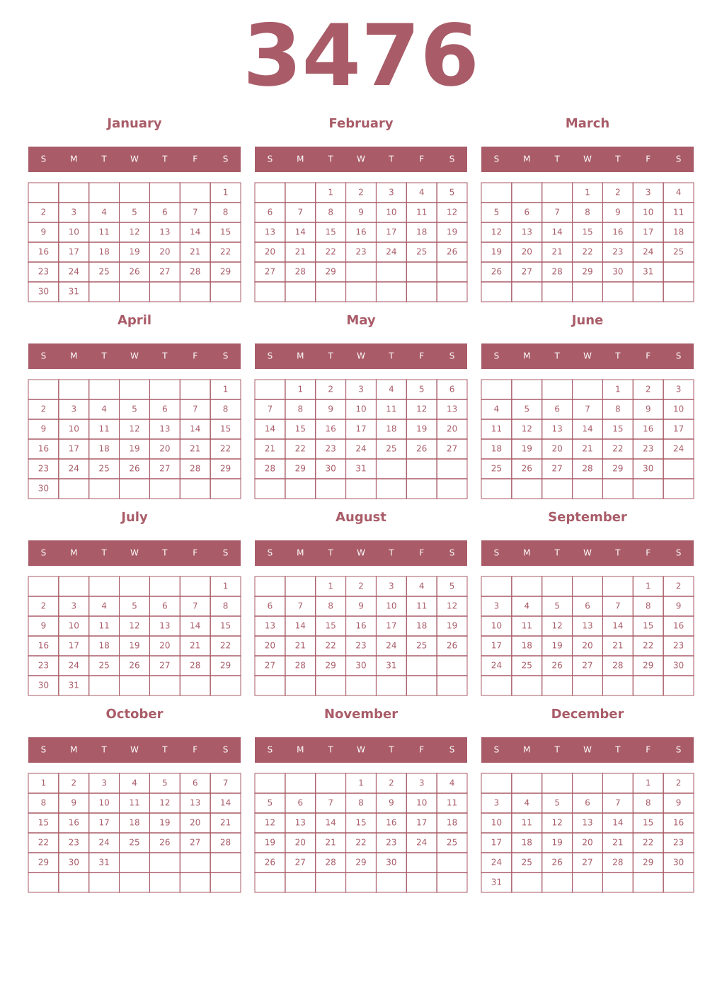 Printable 3476 Year Calendars puce