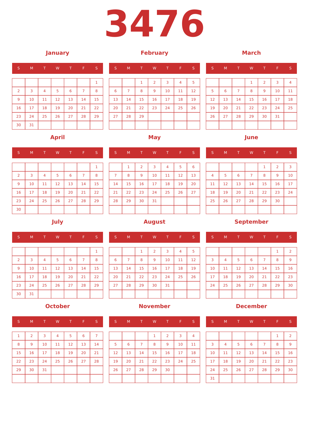 Printable 3476 Year Calendars red