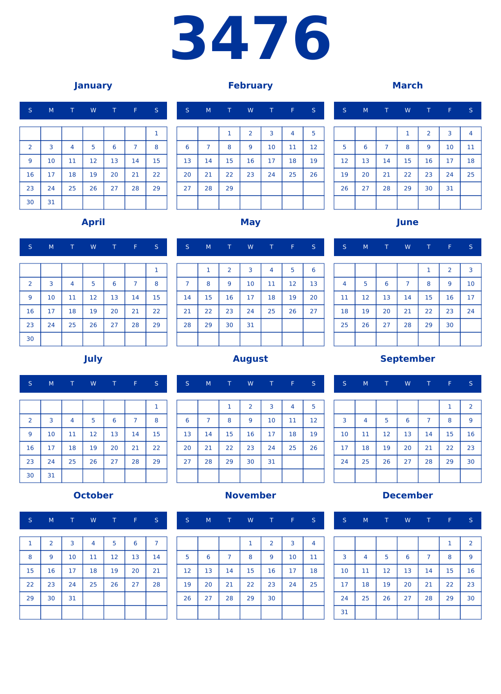 Printable 3476 Year Calendars smalt