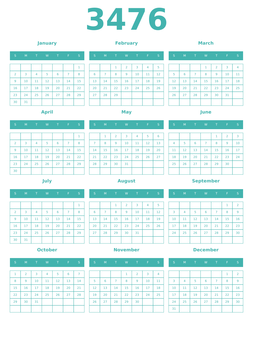 Printable 3476 Year Calendars verdigris