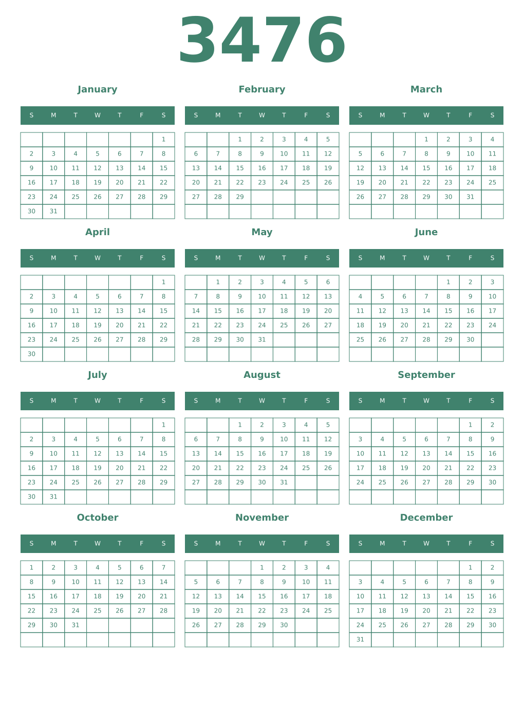 Printable 3476 Year Calendars viridian