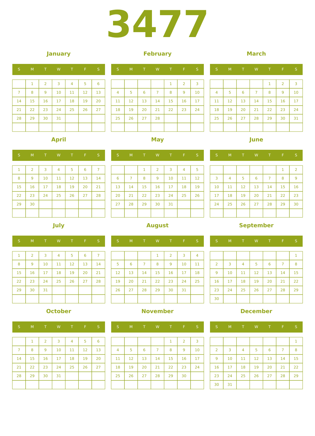Printable 3477 Year Calendars chartreuse