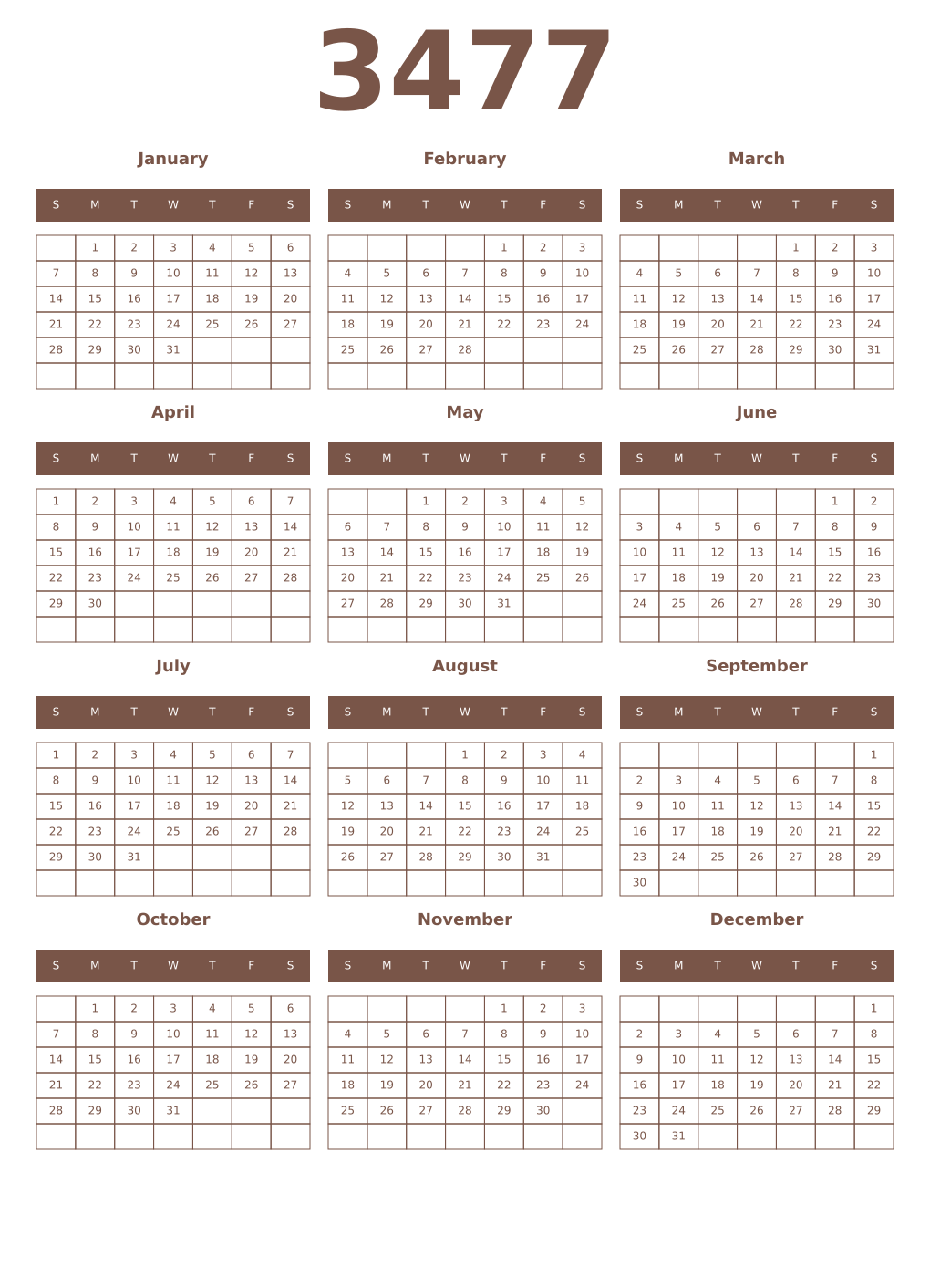 Printable 3477 Year Calendars coffe
