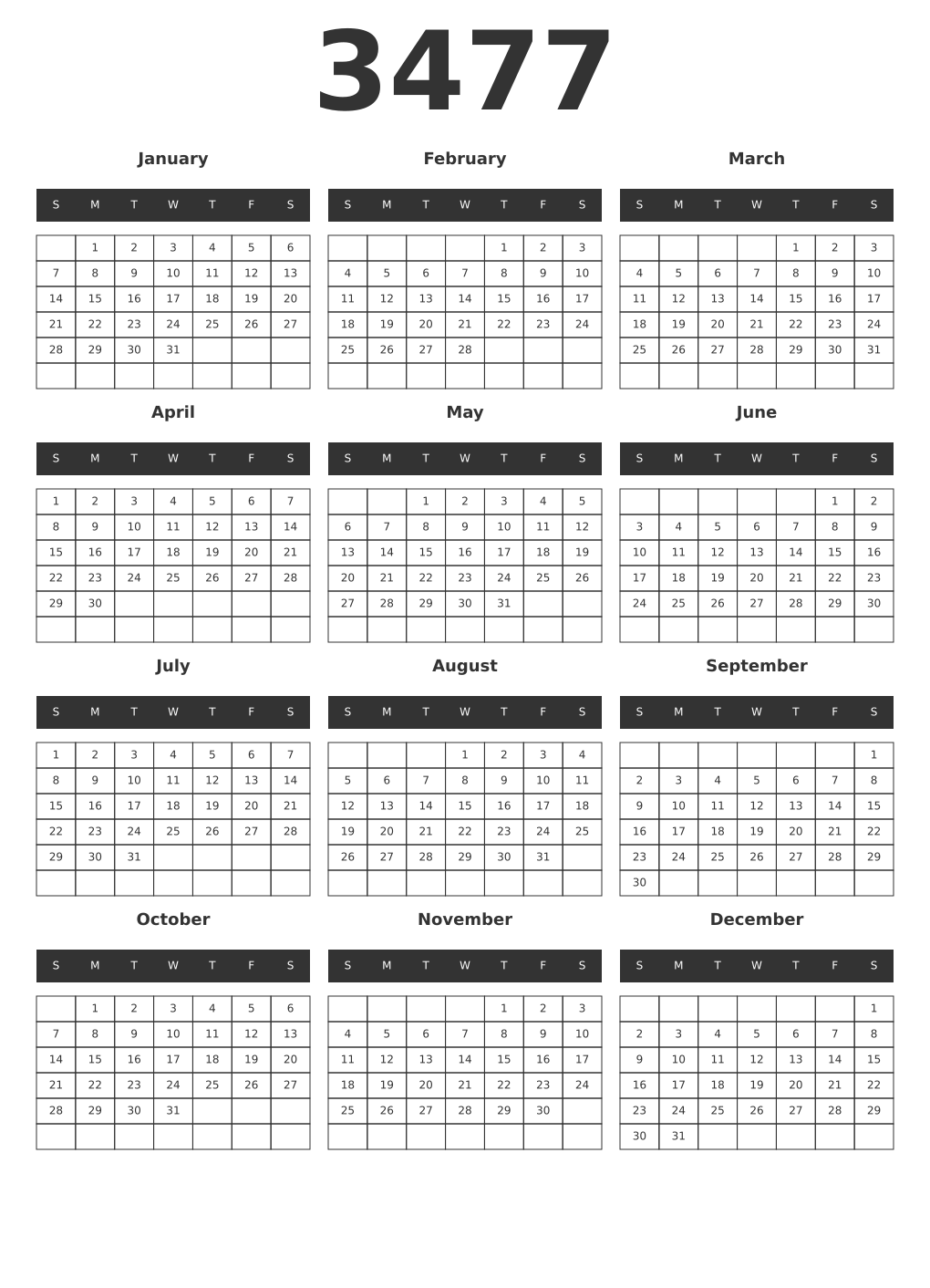 Printable 3477 Year Calendars dark