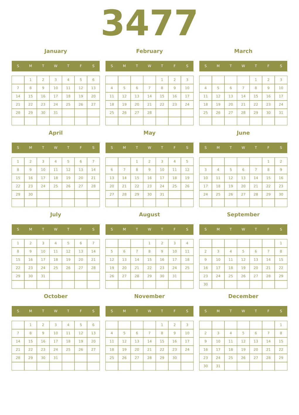 Printable 3477 Year Calendars eburnean
