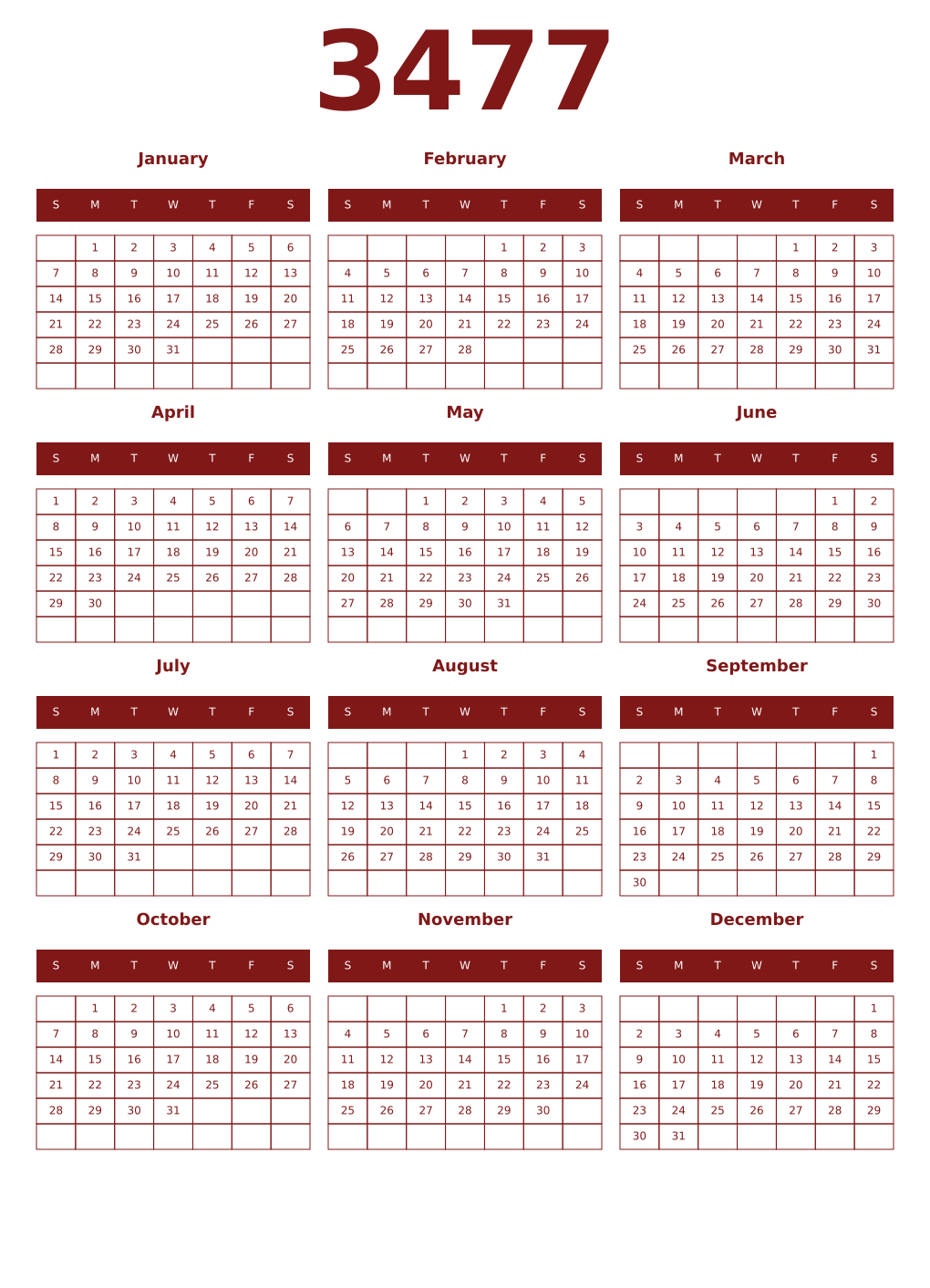 Printable 3477 Year Calendars falu