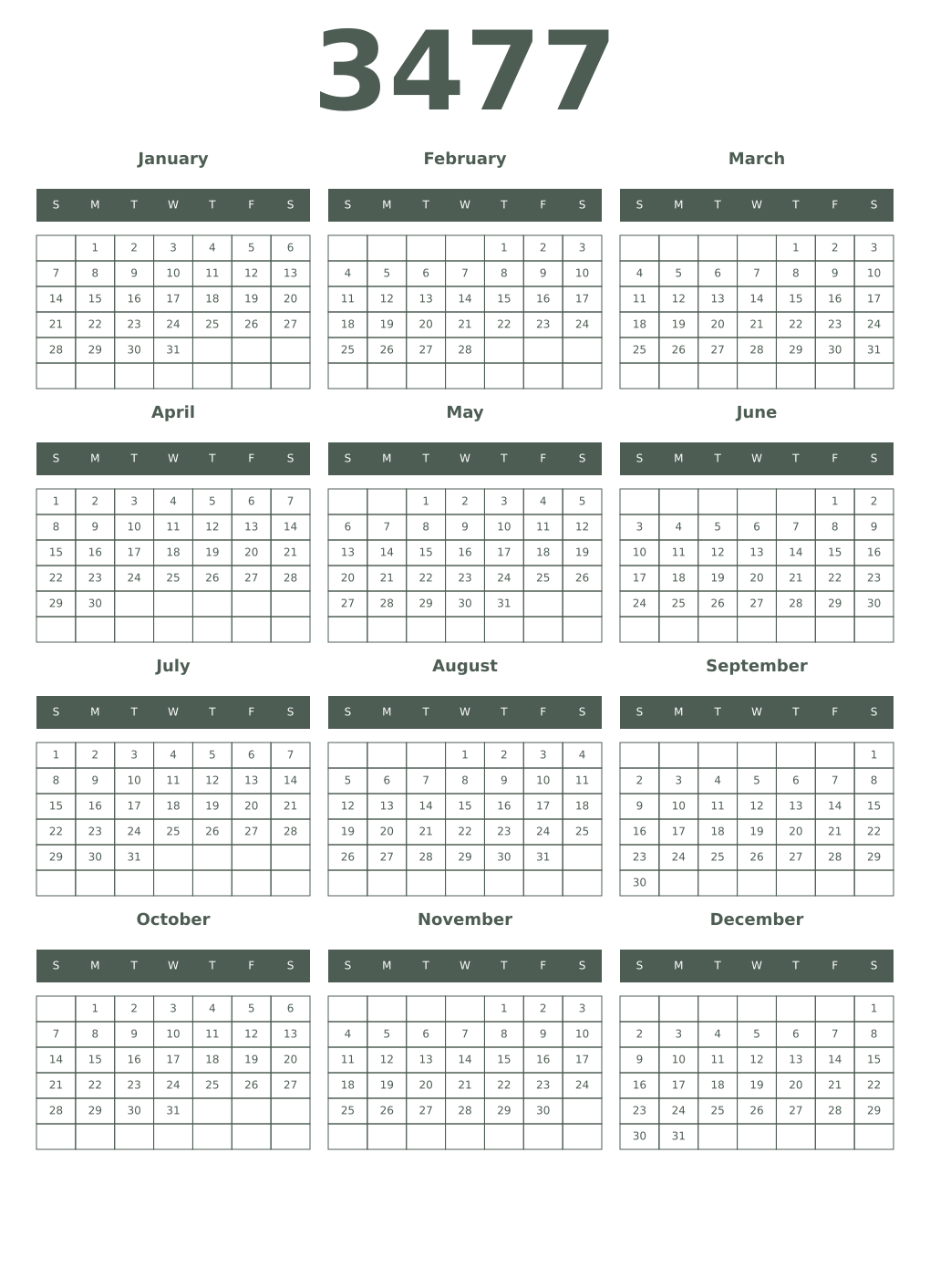 Printable 3477 Year Calendars feldgrau