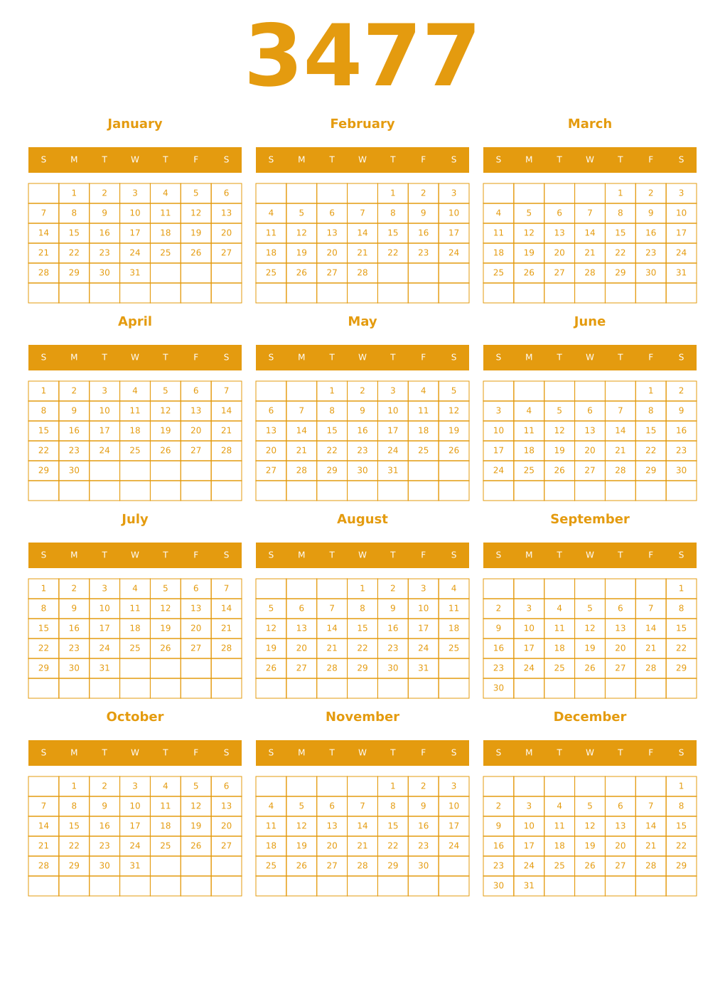 Printable 3477 Year Calendars gamboge