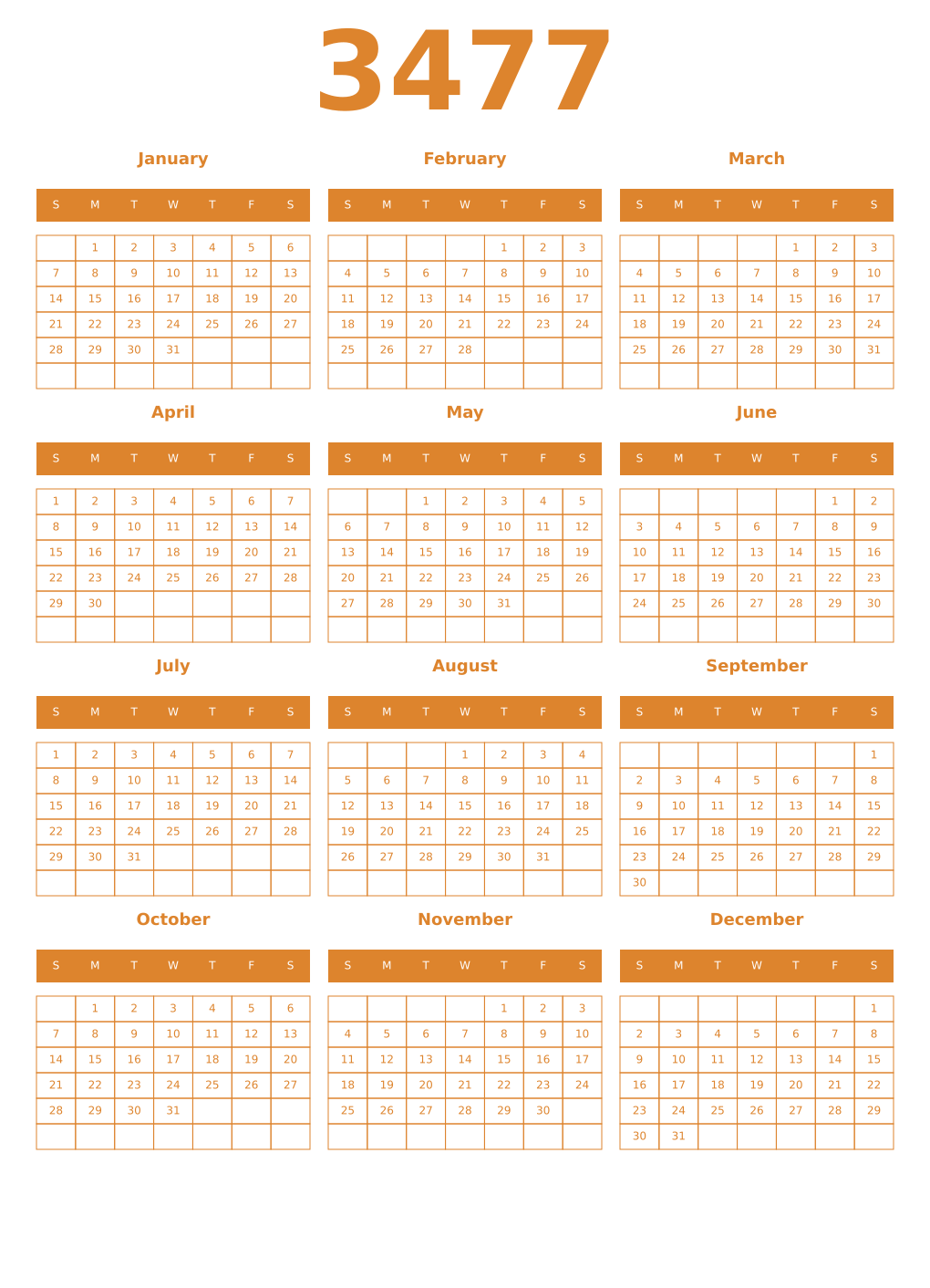 Printable 3477 Year Calendars orange