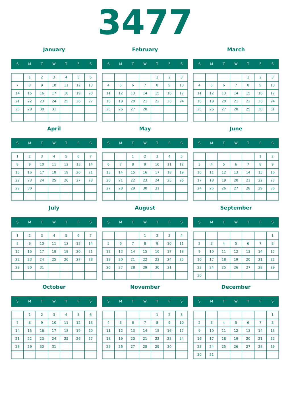 Printable 3477 Year Calendars pastel