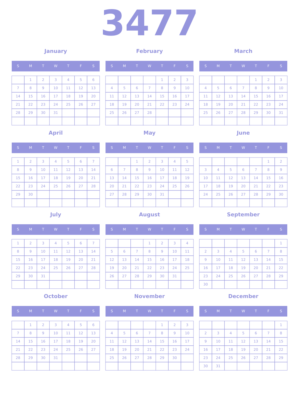 Printable 3477 Year Calendars periwinkle