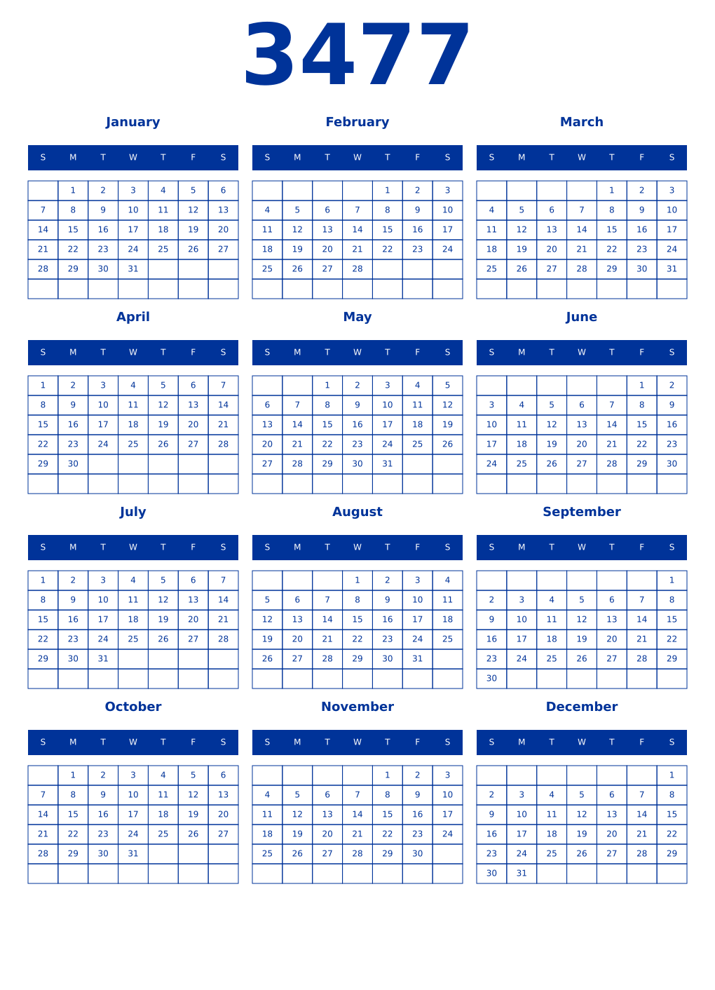 Printable 3477 Year Calendars smalt