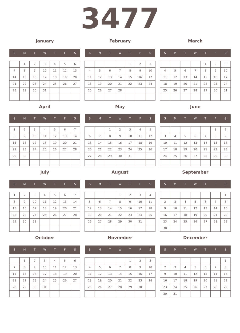 Printable 3477 Year Calendars wenge