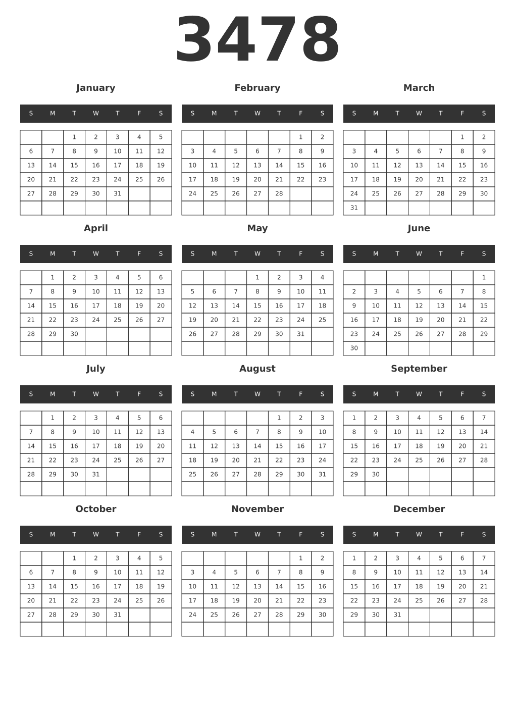 Printable 3478 Year Calendars dark