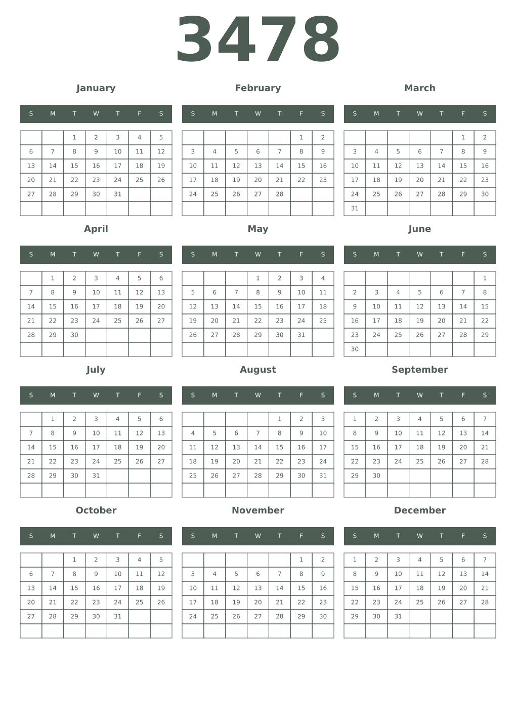 Printable 3478 Year Calendars feldgrau