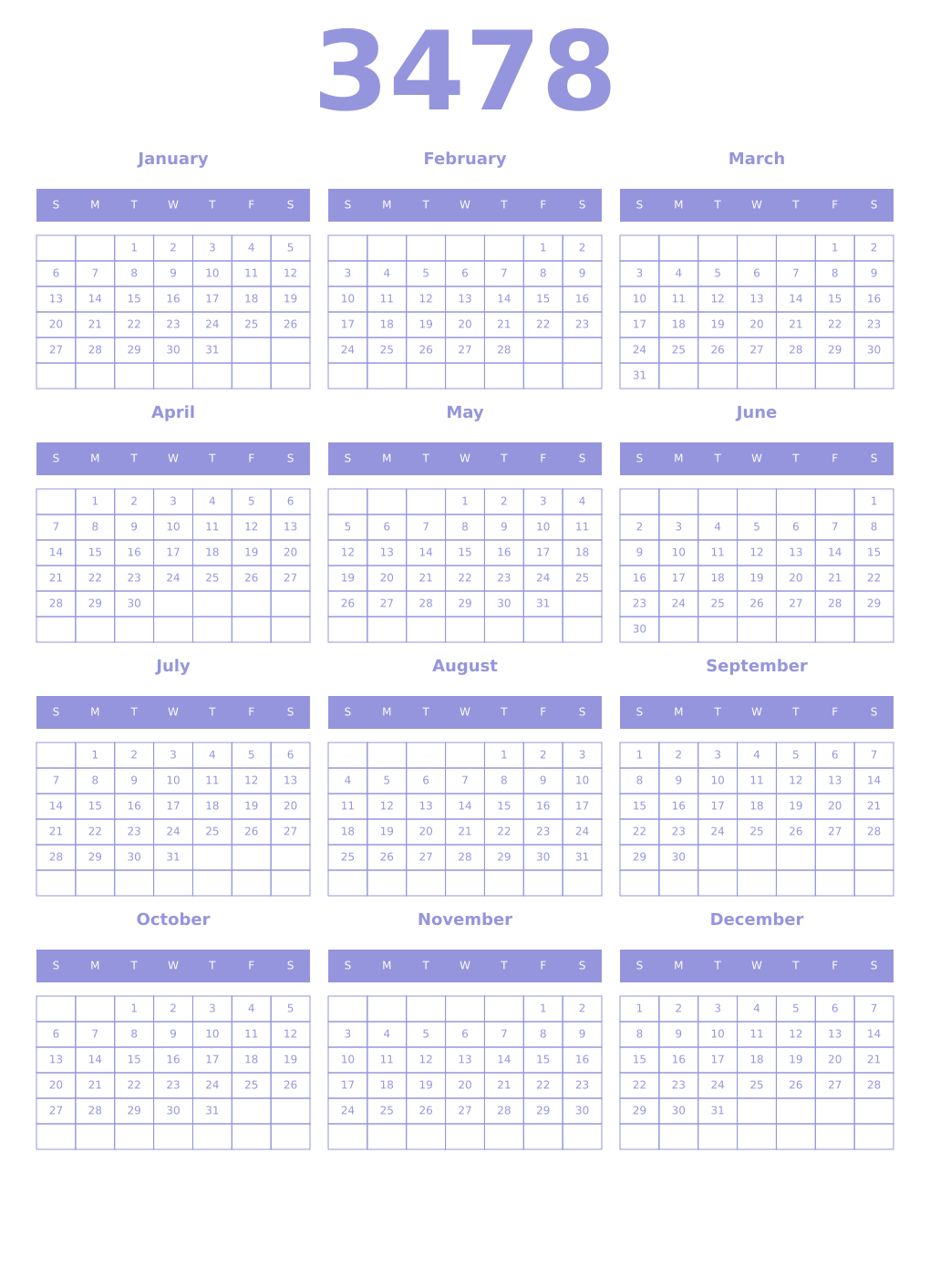 Printable 3478 Year Calendars periwinkle