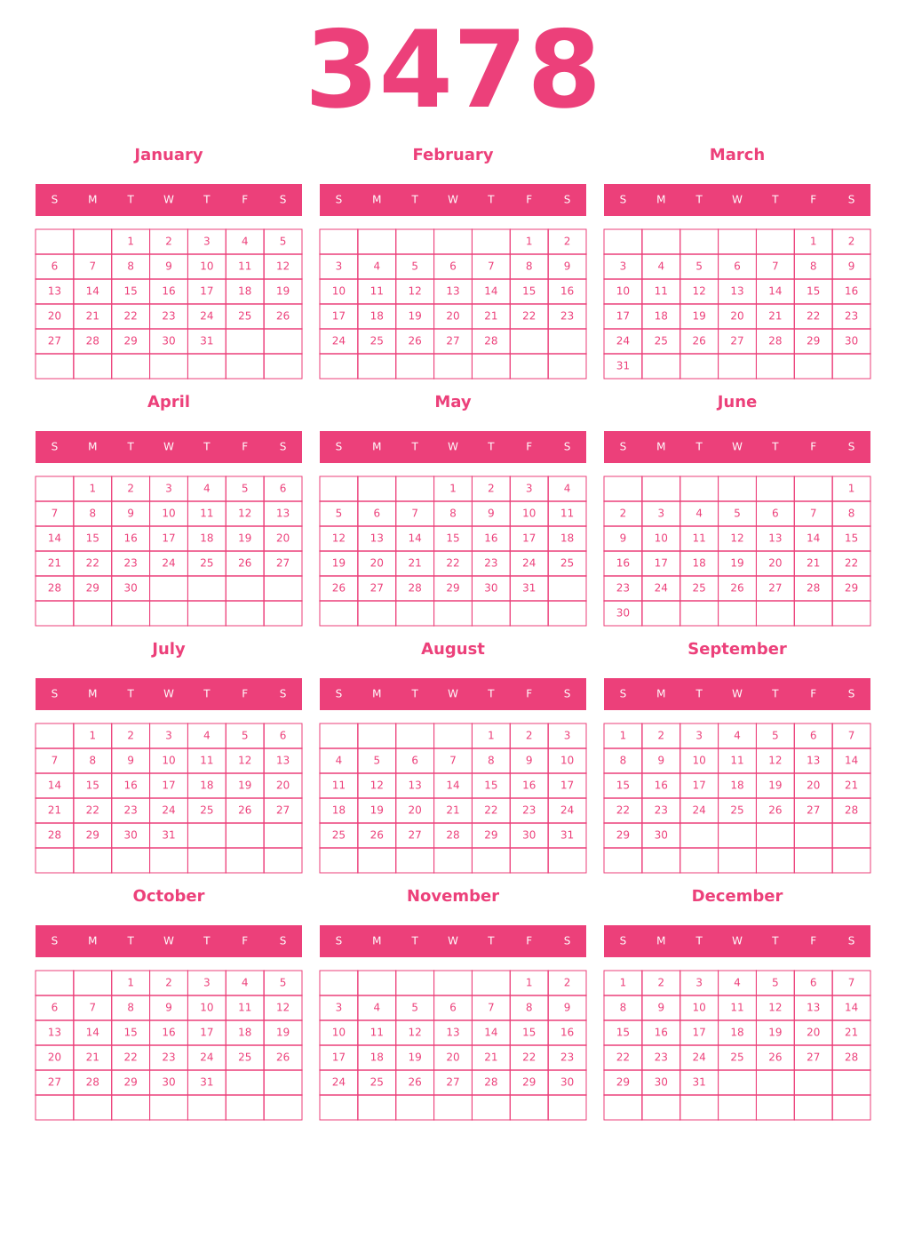 Printable 3478 Year Calendars pink