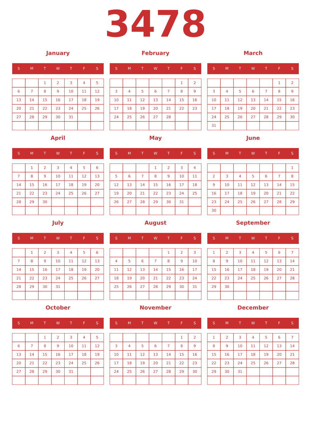 Printable 3478 Year Calendars red