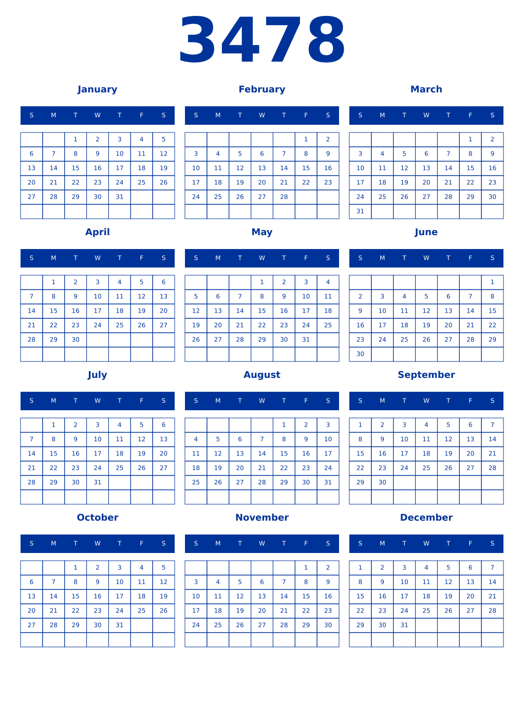 Printable 3478 Year Calendars smalt