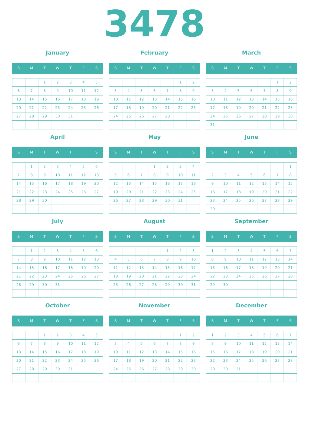 Printable 3478 Year Calendars verdigris