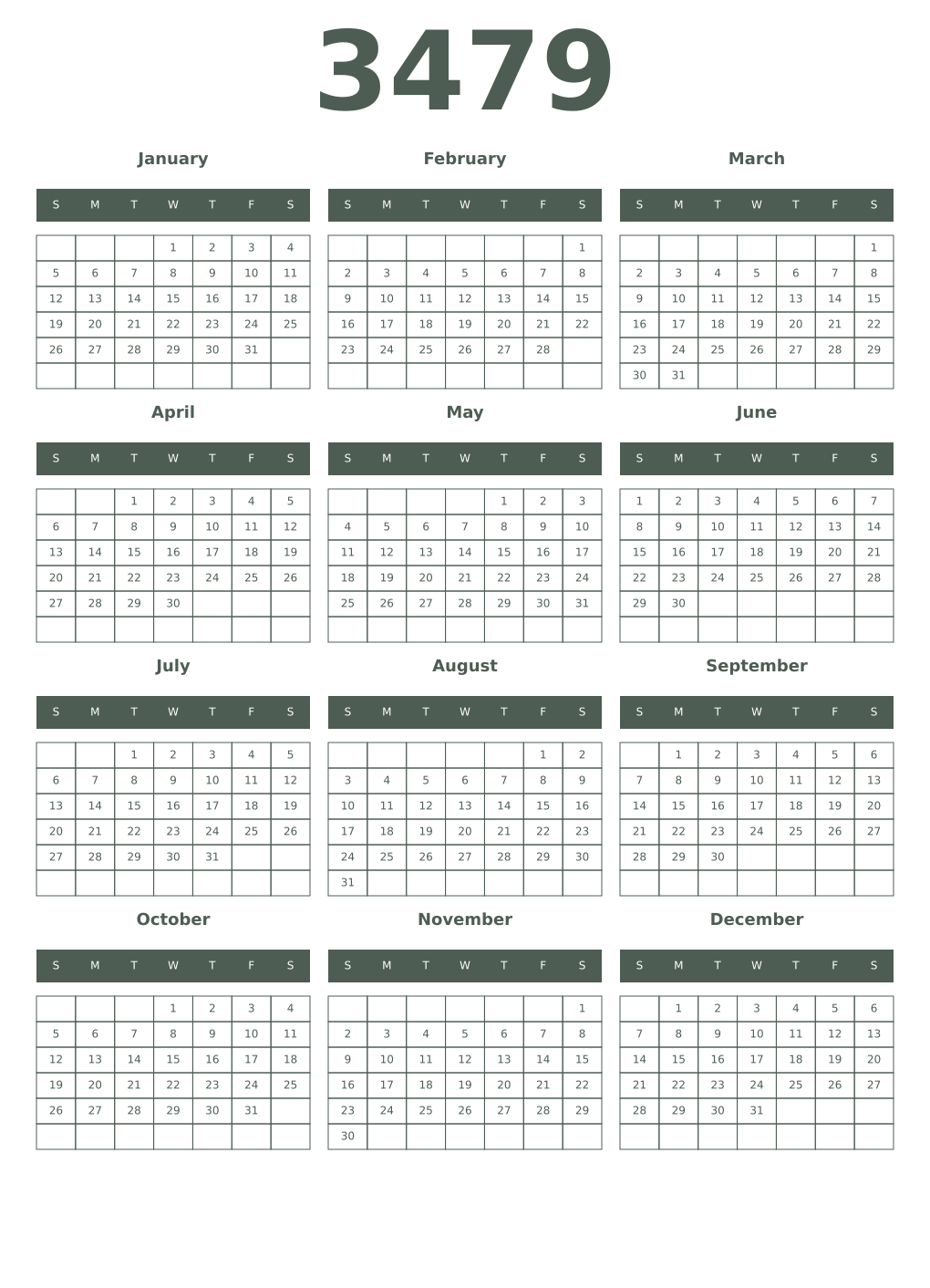 Printable 3479 Year Calendars feldgrau
