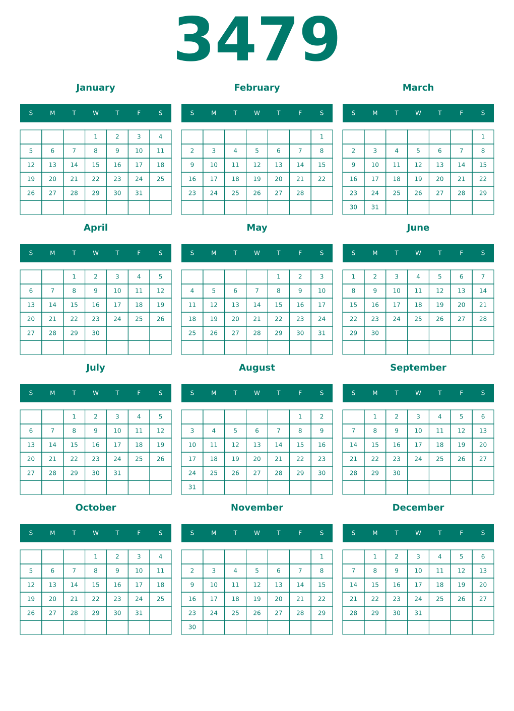 Printable 3479 Year Calendars pastel