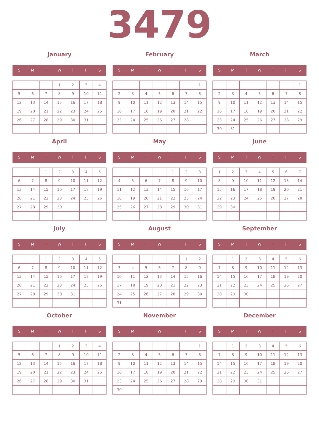 Printable 3479 Year Calendars puce